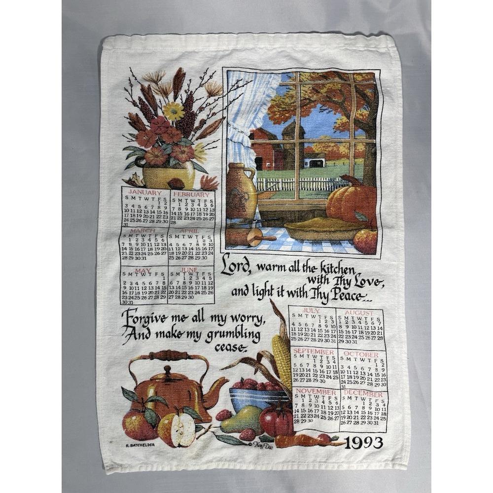 Vintage 1993 Kay Dee Calendar Linen Kitchen Towel Farmhouse Design 20"x13.5"